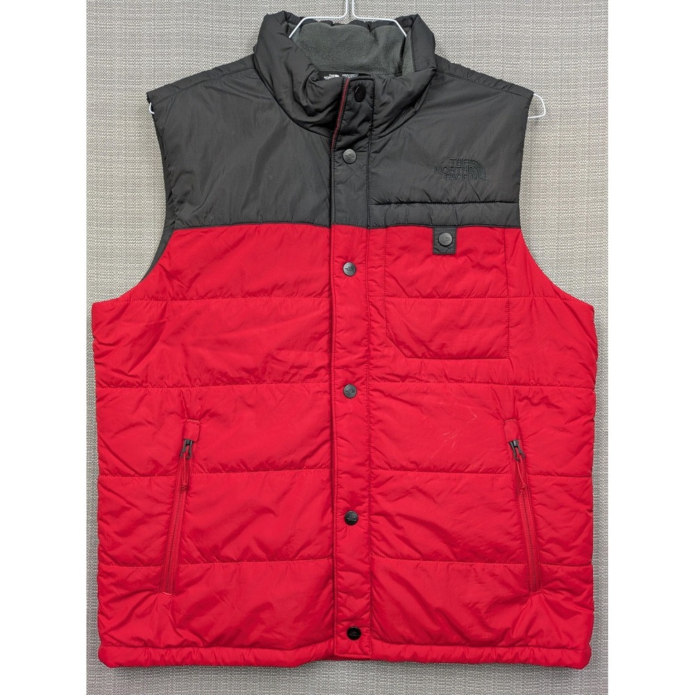 North Face Vest Mens Medium Red Black Quilted Snap Puffer Insulated Outdoor